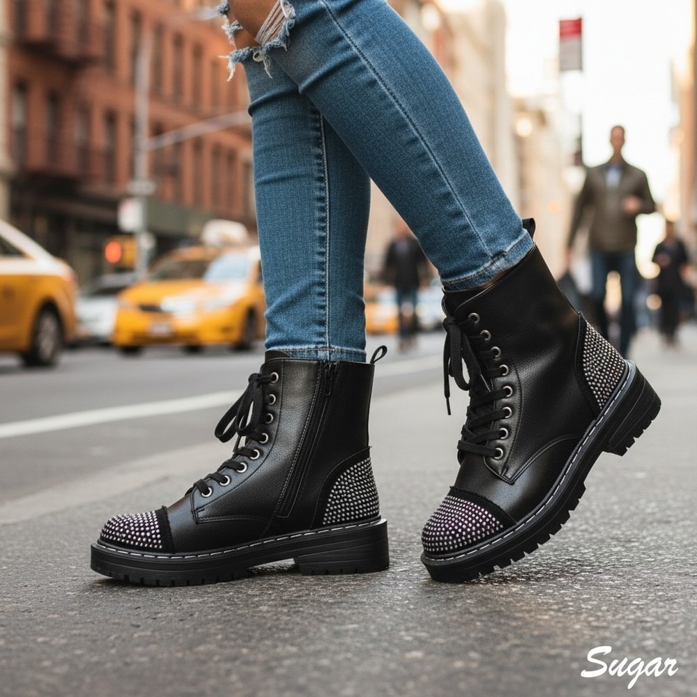 Sugar Women's Kalina Rhinestone Combat & Lace-up Boots in Black- US 6.5M